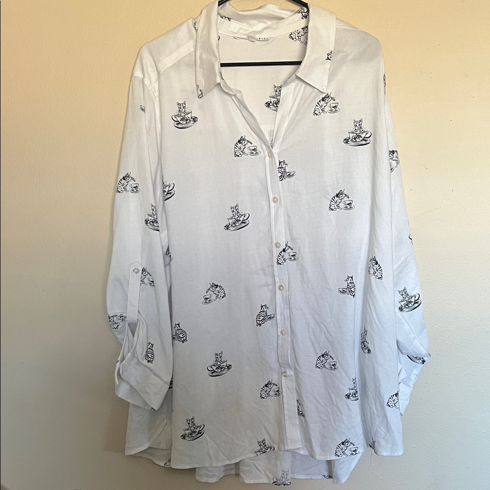 White Cat And Teacup Print Women’s Button Down Shirt 3X